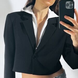 Zara Black Cropped Blazer with attached grey hood